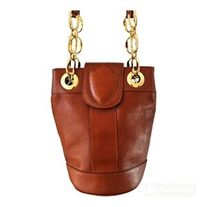 VTG EREZ HIGH QUALITY LEATHER HANDBAG CROSSBODY BUCKET  PURSE Gold Link